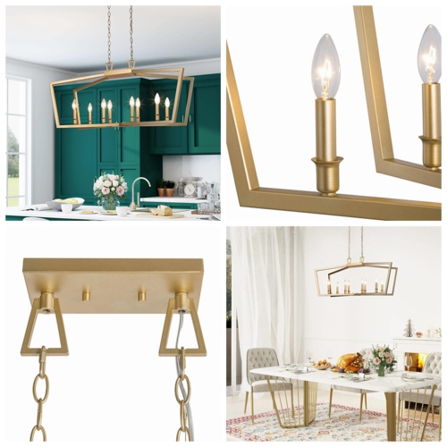 Modern Gold Candlestick Chandelier, 8-Light Gold Kitchen Island Chandelier Cage Hanging Light with Candle Style