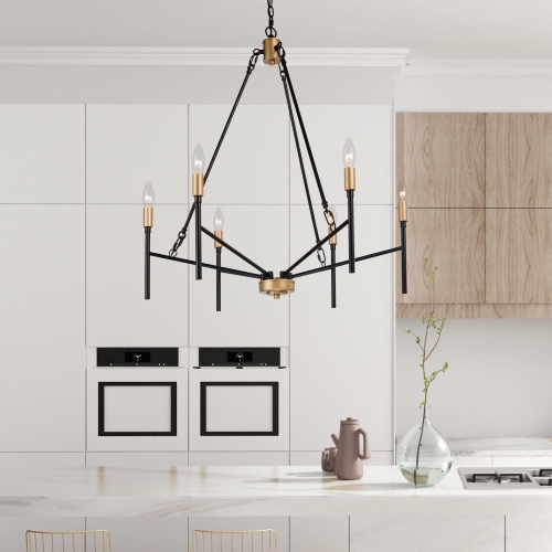 Modern Industrial Chandelier, 6-Light Black and Deep Gold Dining Room Chandelier with Classic Candle Style