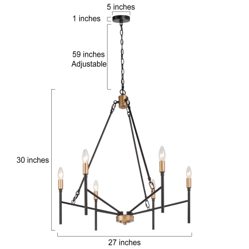 Modern Industrial Chandelier, 6-Light Black and Deep Gold Dining Room Chandelier with Classic Candle Style