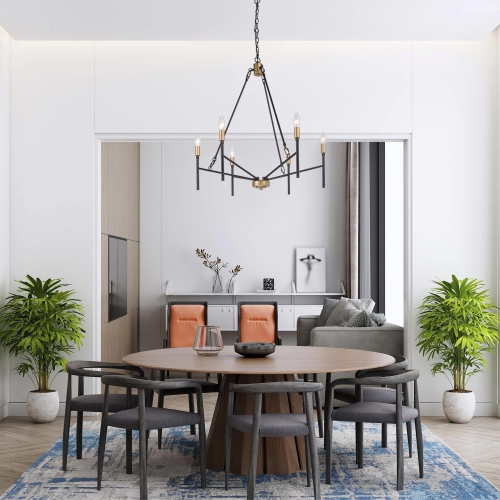 Modern Industrial Chandelier, 6-Light Black and Deep Gold Dining Room Chandelier with Classic Candle Style