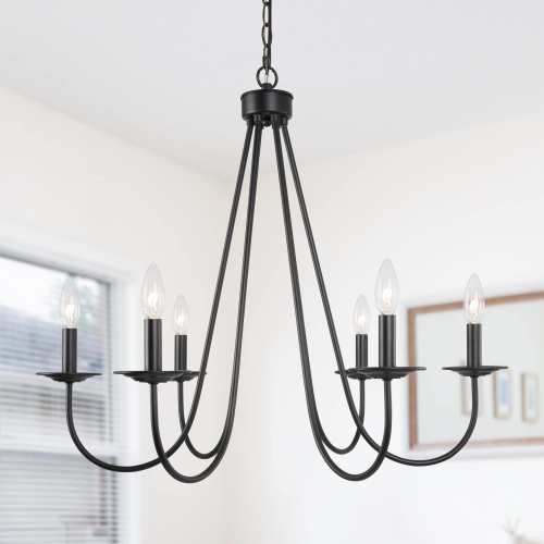 Image 1 de 9.. Lustre de salle à manger moderne de couleur noire, grand lustre à 6 lampes avec chandelier