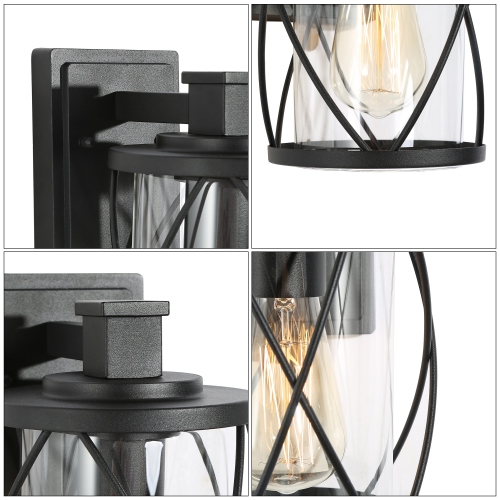 Farmhouse Drum Outdoor Wall Sconce Light, 1-Light Matte Black Industrial Outdoor Cage Wall Lantern with Clear Glass Shade
