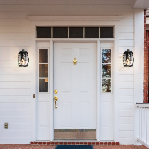 Farmhouse Drum Outdoor Wall Sconce Light, 1-Light Matte Black Industrial Outdoor Cage Wall Lantern with Clear Glass Shade