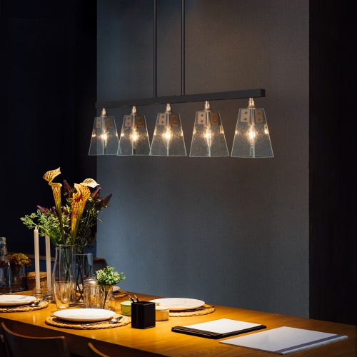 Modern Kitchen Island Chandelier, 5-Light Large 34-in Black and Gold with Bell Glass Modern/Contemporary Seeded Glass Linear LED Hanging Kitchen