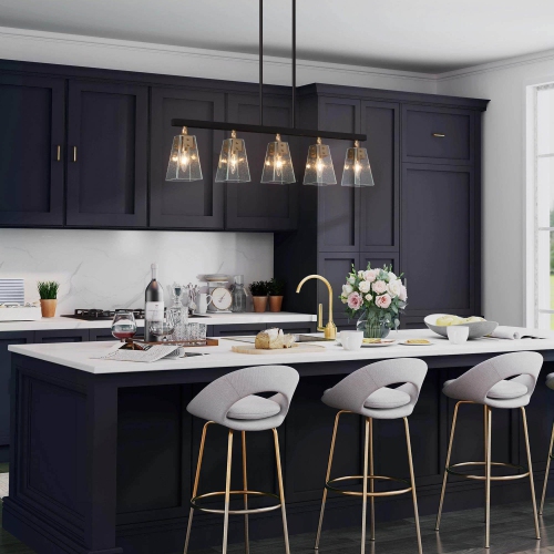 Modern Kitchen Island Chandelier, 5-Light Large 34-in Black and Gold with Bell Glass Modern/Contemporary Seeded Glass Linear LED Hanging Kitchen