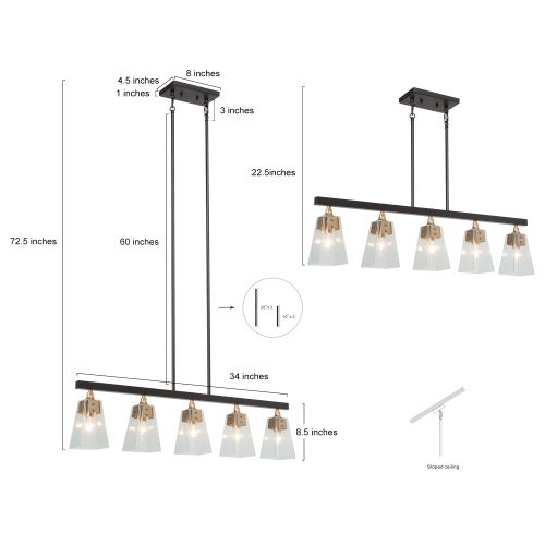 Modern Kitchen Island Chandelier, 5-Light Large 34-in Black and Gold with Bell Glass Modern/Contemporary Seeded Glass Linear LED Hanging Kitchen