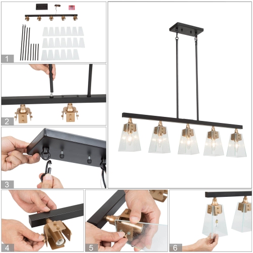 Modern Kitchen Island Chandelier, 5-Light Large 34-in Black and Gold with Bell Glass Modern/Contemporary Seeded Glass Linear LED Hanging Kitchen