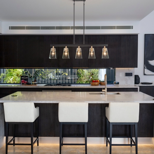 Modern Kitchen Island Chandelier, 5-Light Large 34-in Black and Gold with Bell Glass Modern/Contemporary Seeded Glass Linear LED Hanging Kitchen