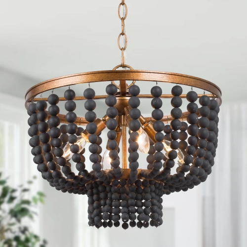 Beaded Bohemian Chandelier, 4-Light Modern Traditional Black and Antique Gold Wood Bead Dining Room Chandelier