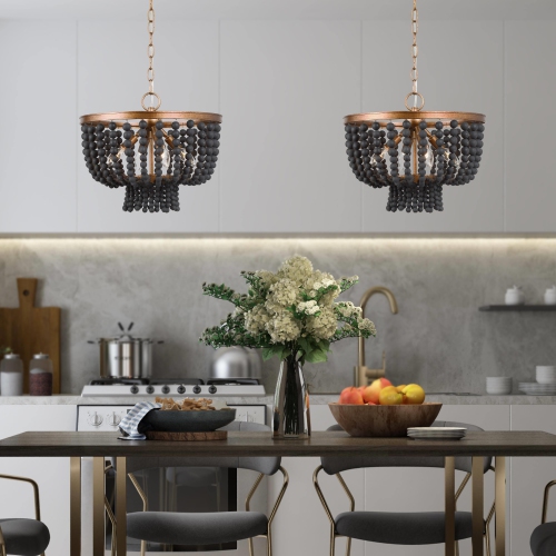 Beaded Bohemian Chandelier, 4-Light Modern Traditional Black and Antique Gold Wood Bead Dining Room Chandelier