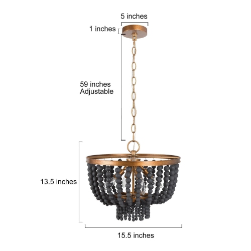 Beaded Bohemian Chandelier, 4-Light Modern Traditional Black and Antique Gold Wood Bead Dining Room Chandelier