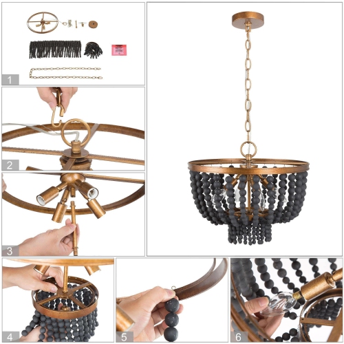 Beaded Bohemian Chandelier, 4-Light Modern Traditional Black and Antique Gold Wood Bead Dining Room Chandelier