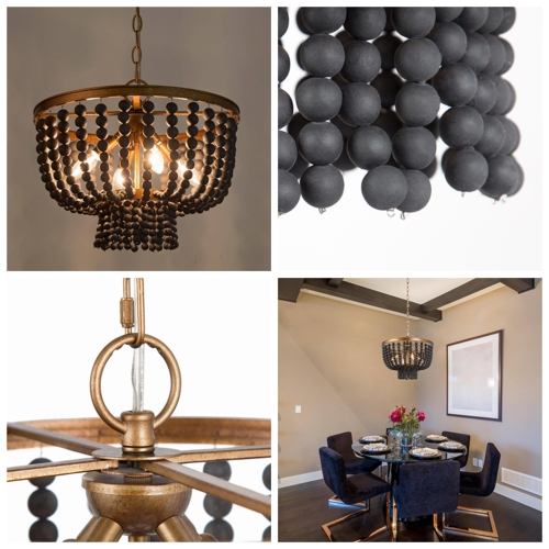 Beaded Bohemian Chandelier, 4-Light Modern Traditional Black and Antique Gold Wood Bead Dining Room Chandelier