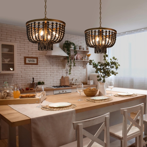 Beaded Bohemian Chandelier, 4-Light Modern Traditional Black and Antique Gold Wood Bead Dining Room Chandelier