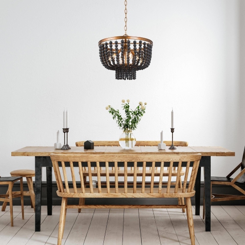 Beaded Bohemian Chandelier, 4-Light Modern Traditional Black and Antique Gold Wood Bead Dining Room Chandelier
