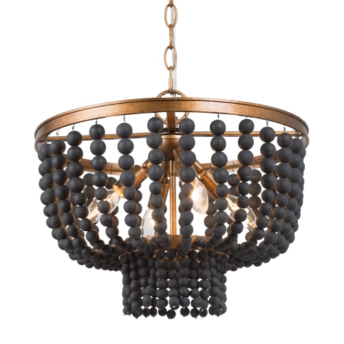 Beaded Bohemian Chandelier, 4-Light Modern Traditional Black and Antique Gold Wood Bead Dining Room Chandelier