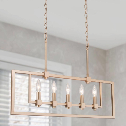 UOLFIN  Modern Linear Chandelier, 5-Light Matte Deep Geometric Chandelier With Classic Candle Style In Gold