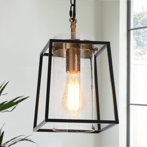UOLFIN  And Gold Pendant Light, 1-Light Modern Drum Kitchen Island Pendant Lighting With Seeded Glass Shade In Black
