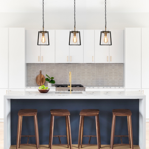Black and Gold Pendant Light, 1-Light Modern Drum Kitchen Island Pendant Lighting with Seeded Glass Shade