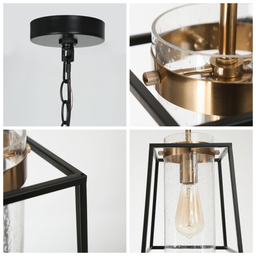 Black and Gold Pendant Light, 1-Light Modern Drum Kitchen Island Pendant Lighting with Seeded Glass Shade