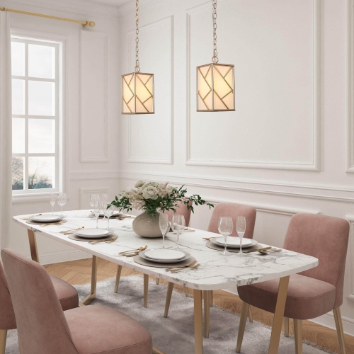 Gold Cage Mini Pendant Light, 1-Light Modern Geometric Lantern Kitchen Island Pendant Light with Fabric Shade