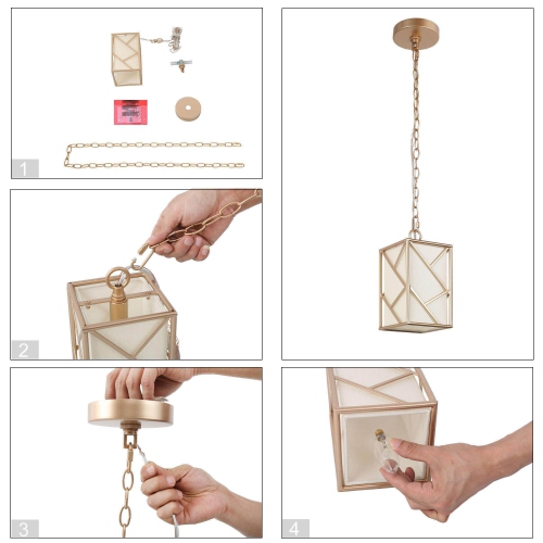 Gold Cage Mini Pendant Light, 1-Light Modern Geometric Lantern Kitchen Island Pendant Light with Fabric Shade