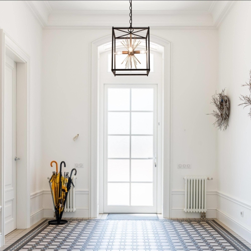 Modern Geometric Dining Room Chandelier, 4-Light Matte Black and Gold Sputnik Square Kitchen Island Chandelier