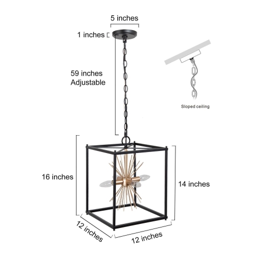 Modern Geometric Dining Room Chandelier, 4-Light Matte Black and Gold Sputnik Square Kitchen Island Chandelier
