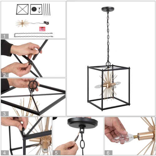 Modern Geometric Dining Room Chandelier, 4-Light Matte Black and Gold Sputnik Square Kitchen Island Chandelier