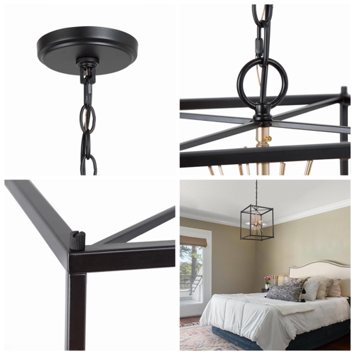 Modern Geometric Dining Room Chandelier, 4-Light Matte Black and Gold Sputnik Square Kitchen Island Chandelier