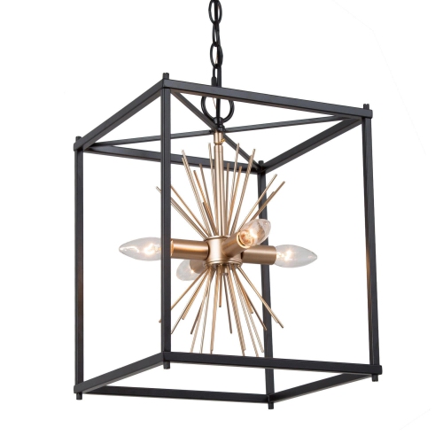 Modern Geometric Dining Room Chandelier, 4-Light Matte Black and Gold Sputnik Square Kitchen Island Chandelier
