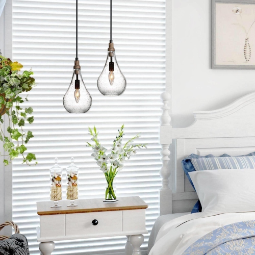 Modern Farmhouse Teardrop Pendant Lighting, 1-Light Black Wood Kitchen Island Hanging Ceiling Light with Seeded Glass Shade