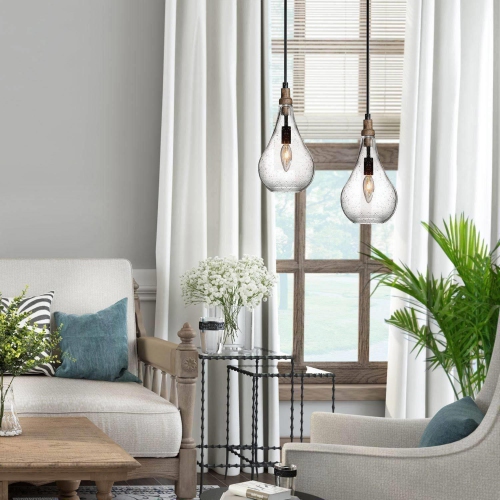 Modern Farmhouse Teardrop Pendant Lighting, 1-Light Black Wood Kitchen Island Hanging Ceiling Light with Seeded Glass Shade
