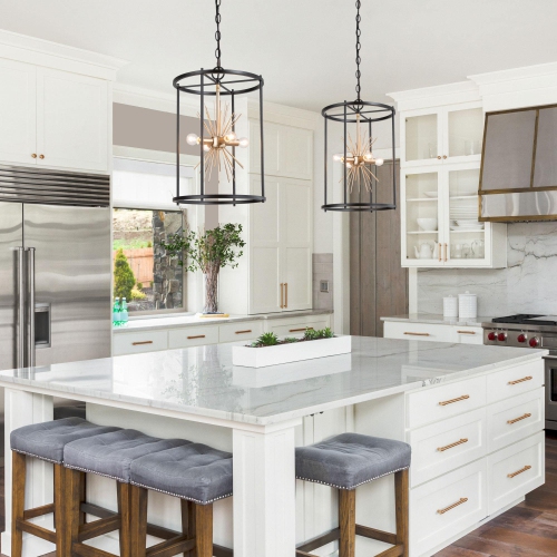 Lustre industriel moderne pour îlot de cuisine, lustre à 4 lampes noir et cage dorée avec design Sputnik