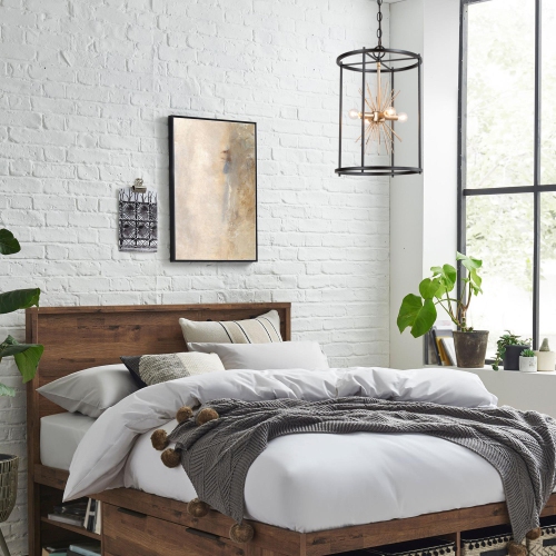 Lustre industriel moderne pour îlot de cuisine, lustre à 4 lampes noir et cage dorée avec design Sputnik