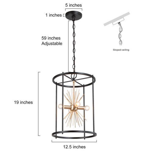 Lustre industriel moderne pour îlot de cuisine, lustre à 4 lampes noir et cage dorée avec design Sputnik