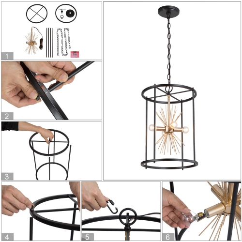 Lustre industriel moderne pour îlot de cuisine, lustre à 4 lampes noir et cage dorée avec design Sputnik