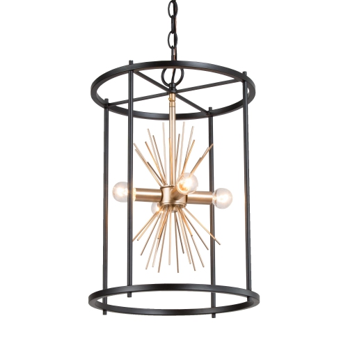 Lustre industriel moderne pour îlot de cuisine, lustre à 4 lampes noir et cage dorée avec design Sputnik