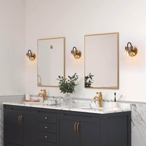 Black and Gold Wall Sconce, 1-Light Modern Transitional Bathroom Vanity Light with Clear Glass Shade