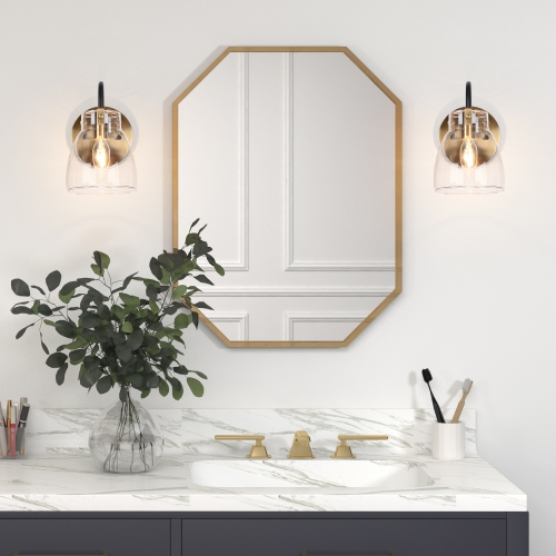 Black and Gold Wall Sconce, 1-Light Modern Transitional Bathroom Vanity Light with Clear Glass Shade