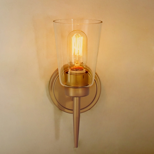 Applique murale de cuisine moderne, applique murale dorée à 1 ampoule de salle de bain avec abat-jour cylindrique en verre transparent