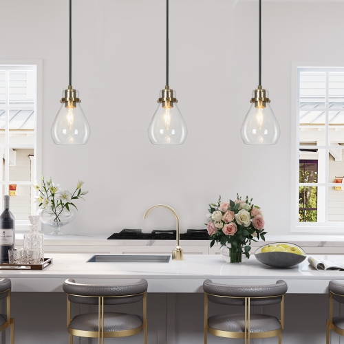 Modern Gold Kitchen Pendant Lighting, 1-Light Bell Clear Glass Hanging Ceiling Lighting for Kitchen Island