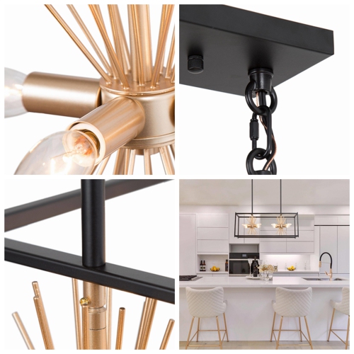 Modern Sputnik Kitchen Island Chandelier, 8-Light Black and Gold Square Linear Chandelier Light for Dining Room