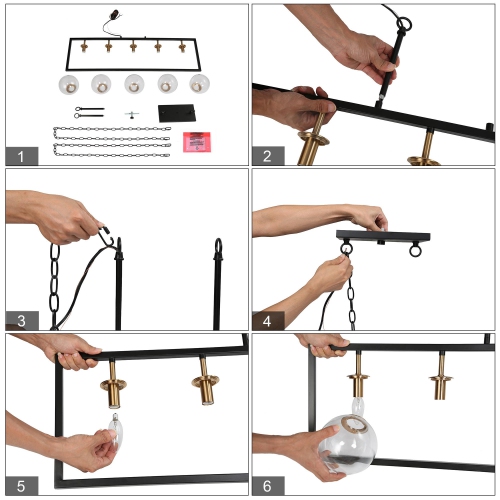 Modern Geometric Linear Chandelier, 5-Light Black and Brass Dining Room Chandelier with Globe Glass Shades