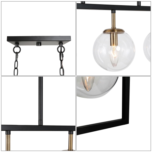 Modern Geometric Linear Chandelier, 5-Light Black and Brass Dining Room Chandelier with Globe Glass Shades