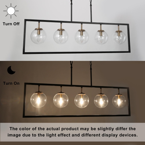 Modern Geometric Linear Chandelier, 5-Light Black and Brass Dining Room Chandelier with Globe Glass Shades