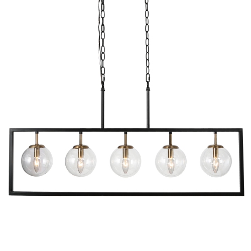 Modern Geometric Linear Chandelier, 5-Light Black and Brass Dining Room Chandelier with Globe Glass Shades