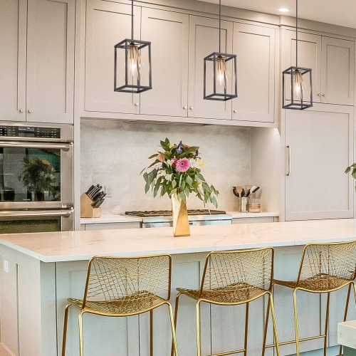 Modern Black & Brass Cage Pendant Light, 1-Light Lantern Pendant Hanging Ceiling Light for Kitchen Island