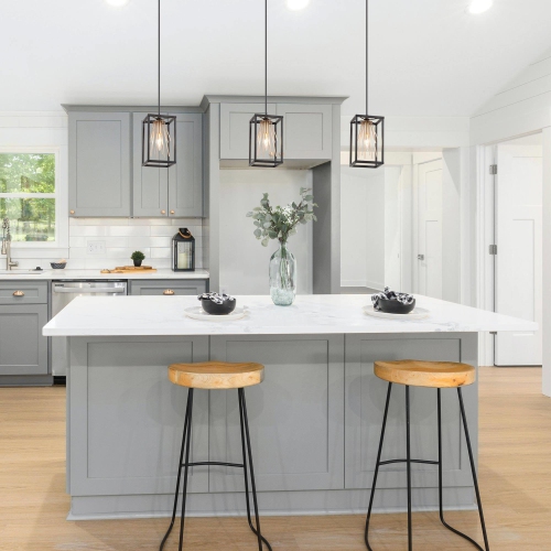 Modern Black & Brass Cage Pendant Light, 1-Light Lantern Pendant Hanging Ceiling Light for Kitchen Island