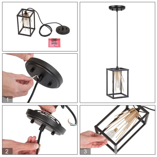 Modern Black & Brass Cage Pendant Light, 1-Light Lantern Pendant Hanging Ceiling Light for Kitchen Island